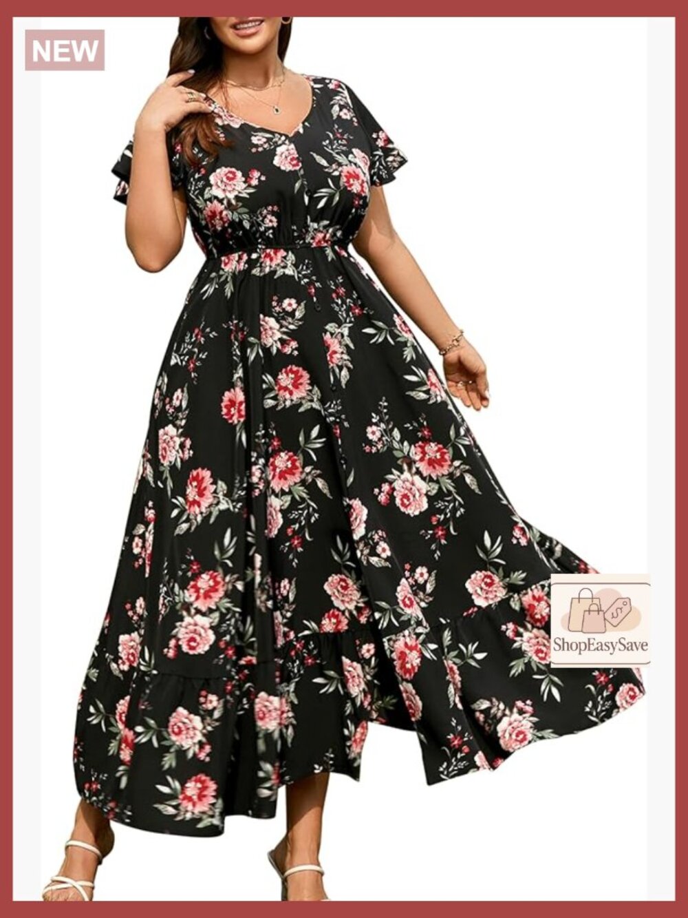 V-Neck Maxi Dress Flowy Tiered Boho Summer Casual Button Trim Split